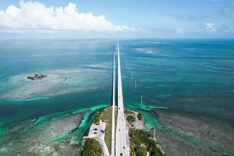 Aerial view of the Overseas Highway crossing turquoise flats in the Florida Keys